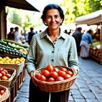 A professional food enthusiast in modest, comfortable, earthy-toned attire, like a linen shirt and trousers, is standing in a sunlit, rustic Italian farmer's market. She is fully clothed and holds a woven basket brimming with vibrant, fresh, local Italian produce, such as heirloom tomatoes and fragrant basil. The background features blurred market stalls, creating a sense of abundance and traditional charm. Perfect anatomy, correct proportions, natural pose, well-formed hands, proper finger count, natural body proportions, safe for work, appropriate content, modest, high-quality professional photography, natural lighting, hyperrealistic.