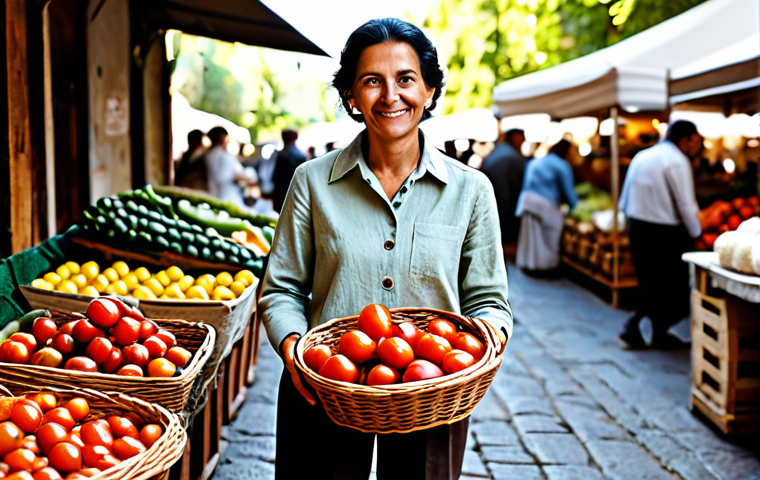 A professional food enthusiast in modest, comfortable, earthy-toned attire, like a linen shirt and trousers, is standing in a sunlit, rustic Italian farmer's market. She is fully clothed and holds a woven basket brimming with vibrant, fresh, local Italian produce, such as heirloom tomatoes and fragrant basil. The background features blurred market stalls, creating a sense of abundance and traditional charm. Perfect anatomy, correct proportions, natural pose, well-formed hands, proper finger count, natural body proportions, safe for work, appropriate content, modest, high-quality professional photography, natural lighting, hyperrealistic.