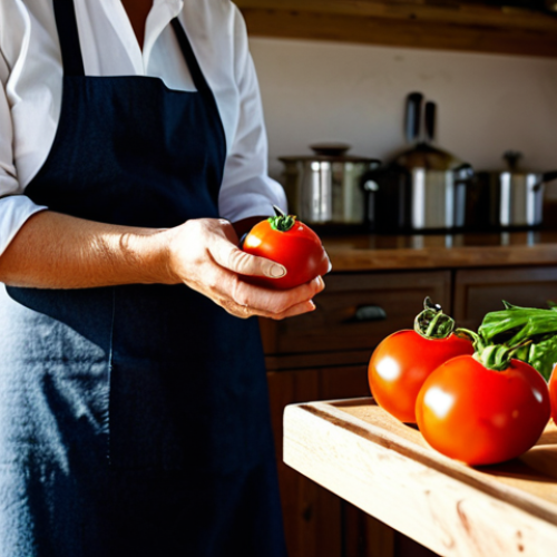 A person, fully clothed in professional, modest kitchen attire, gently holding and smelling a perfectly ripe, vibrant red tomato in a rustic, sunlit Italian kitchen. Their hands are well-formed, carefully handling the fresh Mediterranean ingredient. On a wooden countertop, various colorful, wholesome vegetables are laid out. The scene captures the essence of sensory cooking and a deep connection with ingredients. Perfect anatomy, correct proportions, natural pose, professional photography, high quality, safe for work, appropriate content, family-friendly.