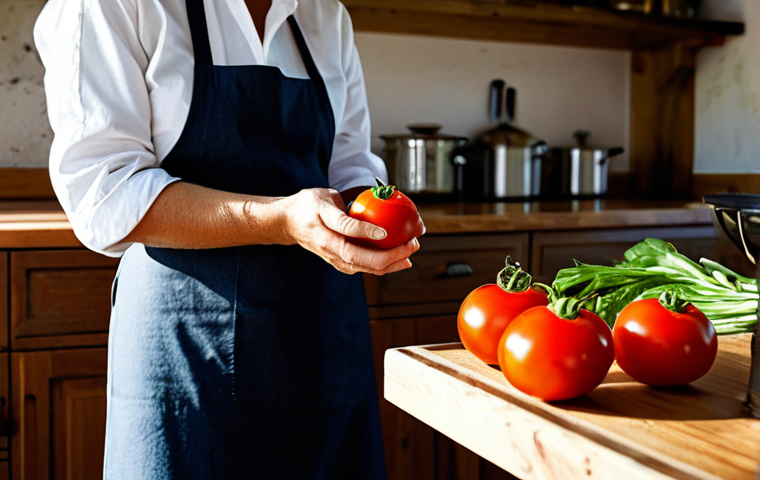 A person, fully clothed in professional, modest kitchen attire, gently holding and smelling a perfectly ripe, vibrant red tomato in a rustic, sunlit Italian kitchen. Their hands are well-formed, carefully handling the fresh Mediterranean ingredient. On a wooden countertop, various colorful, wholesome vegetables are laid out. The scene captures the essence of sensory cooking and a deep connection with ingredients. Perfect anatomy, correct proportions, natural pose, professional photography, high quality, safe for work, appropriate content, family-friendly.