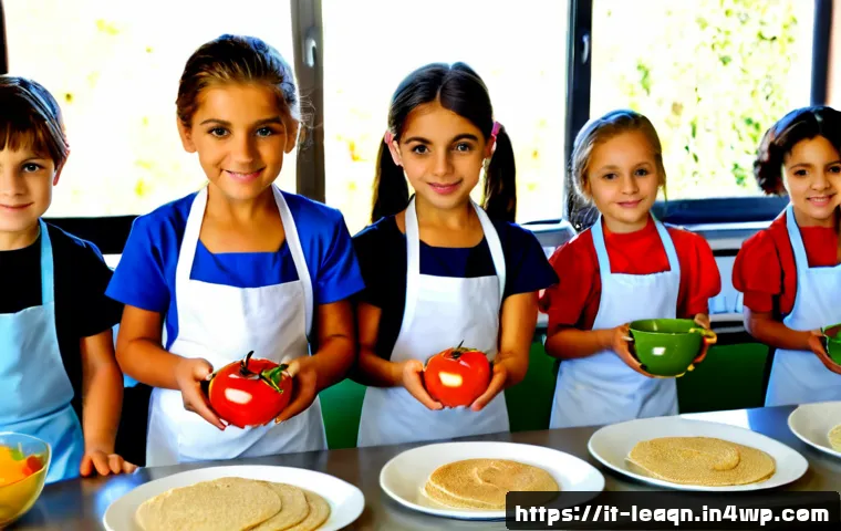Home 15 맛 교육의 변화하는 패러다임 - Photorealistic modern Italian primary school cooking classroom, diverse children wearing clean apron...