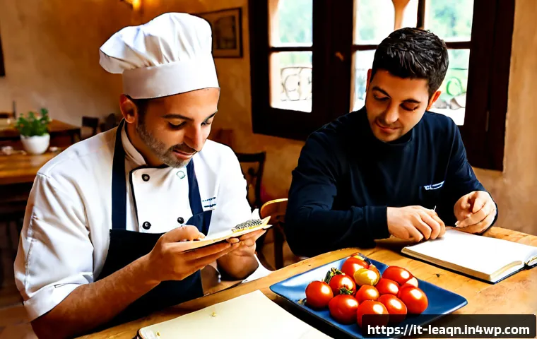 Home 16 맛 교육에서의 피드백과 반영 과정 - Photorealistic Italian culinary classroom, a warm and approachable chef instructor guiding adult stu...